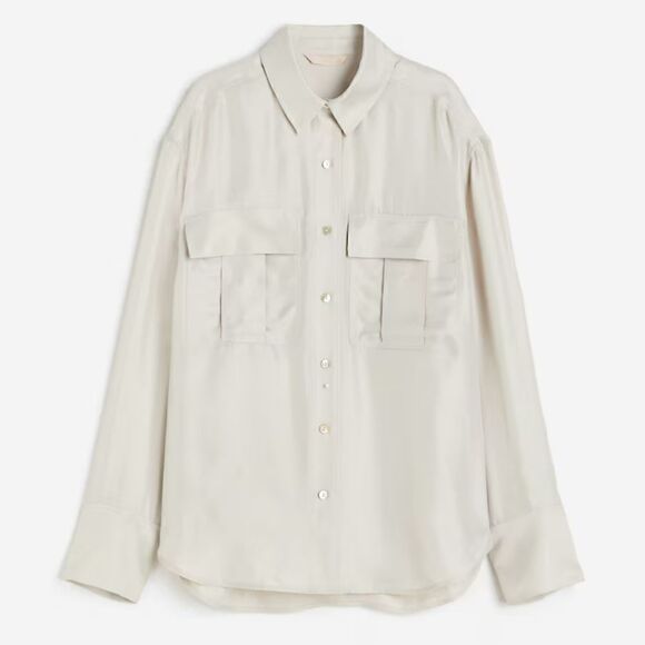 New H&M Pompette Gray Dusty Light Silk Blend Utility Shirt Size XL Oversized - Picture 3 of 14